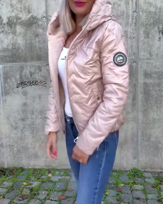 Casual effen kleur gewatteerde jas met rits en capuchon