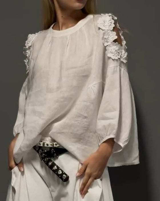 Blouses Ronde Hals Uitsparing Off-Shoulder 3D Bloemen