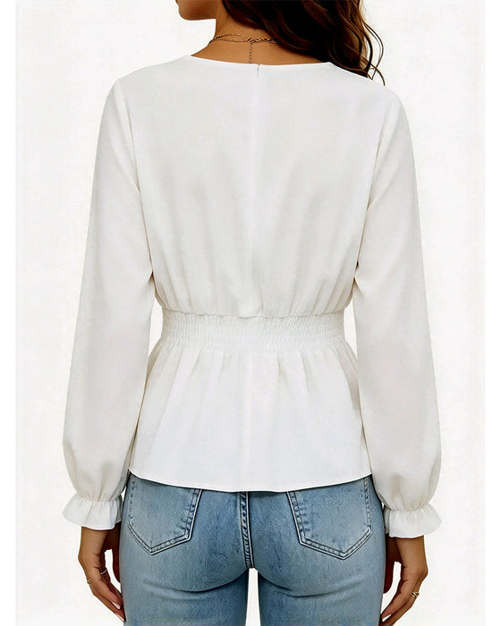 Blouse V-Hals Knoop Geplooid Taille Volant