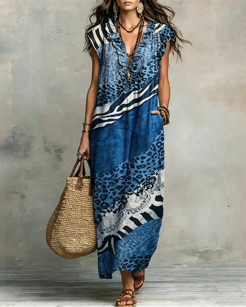 Jurk V-Hals Ruche Patroon Patchwork