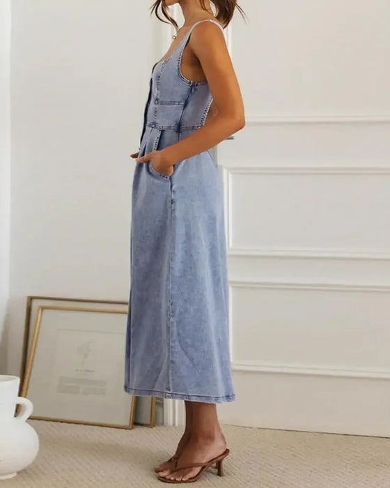 Jurk Spaghettibandje Knoop Taille Gesnoerd Denim