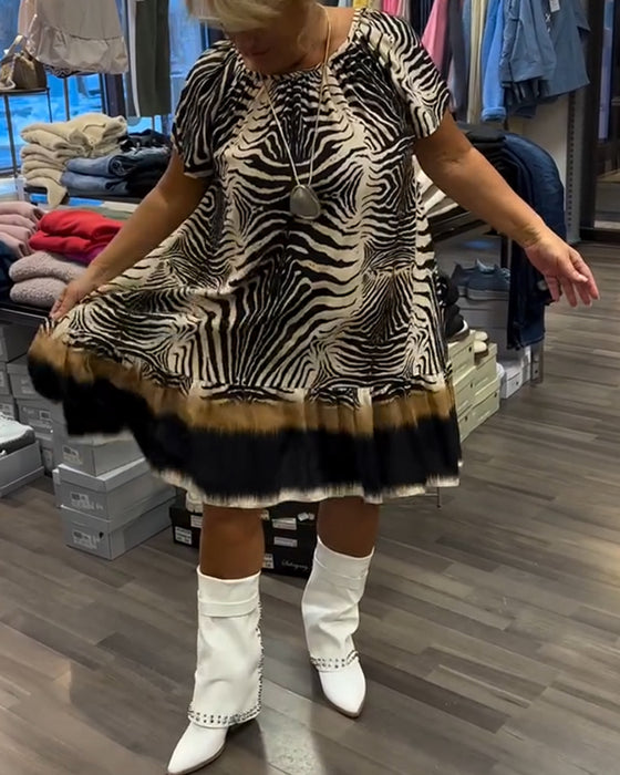 Jurk Losse Ronde Hals Korte Mouw Gedrukt