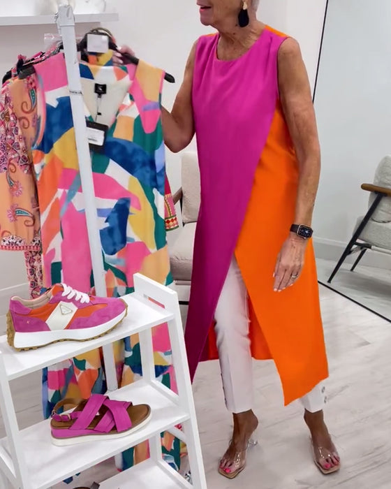 Blouse Mouwloos Contrastkleur Splits Lang