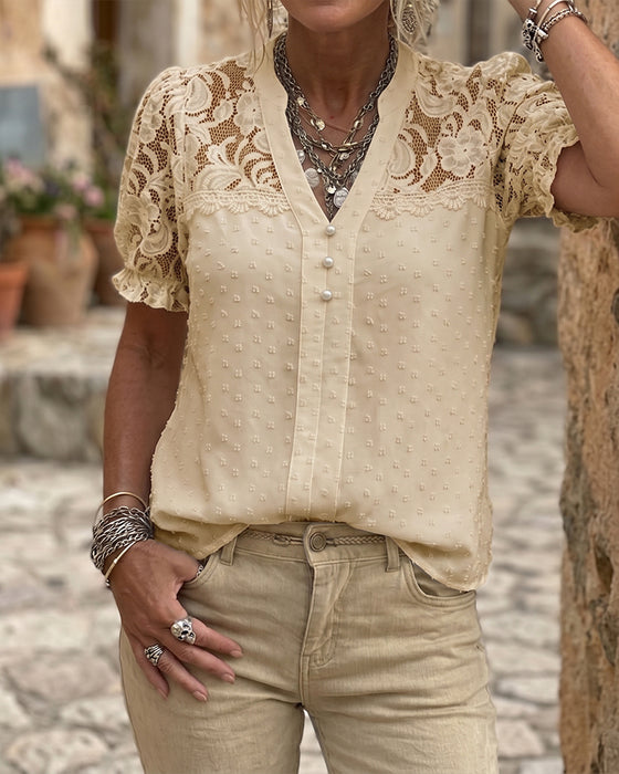 Blouse Kant Patchwork Pofmouw V-Hals