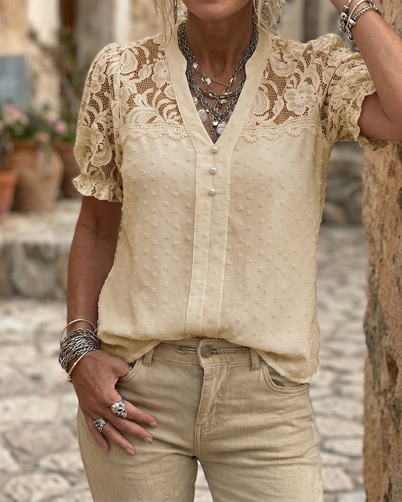 Blouse Kant Patchwork Pofmouw V-Hals