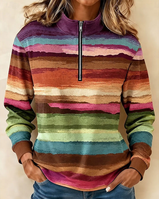 Sweatshirt Vintage Kleurrijk Gestreept Halve Rits Staande Kraag Lange Mouw