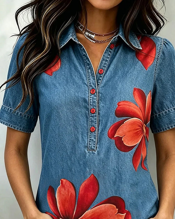 Top Met Kraag Knoopsluiting En Print