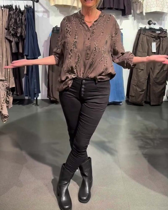 Blouse V-Hals Knoop Voor Luipaard Print Relaxed