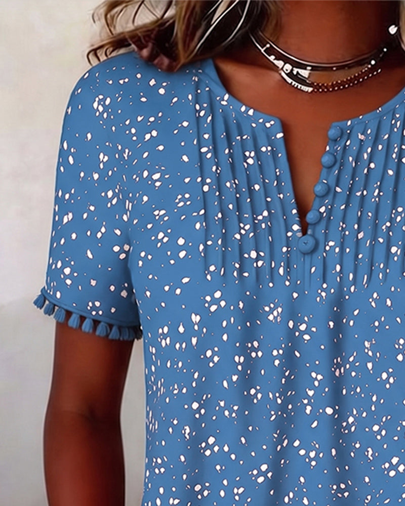 Blouse Witte Stip Franje Korte Mouw