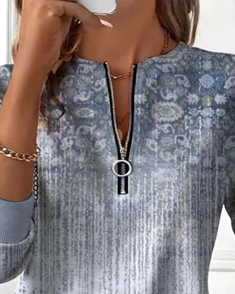 Sweatshirt Met Rits Detalj, Retro Afdruk Ontwerp En Casual Sfeer