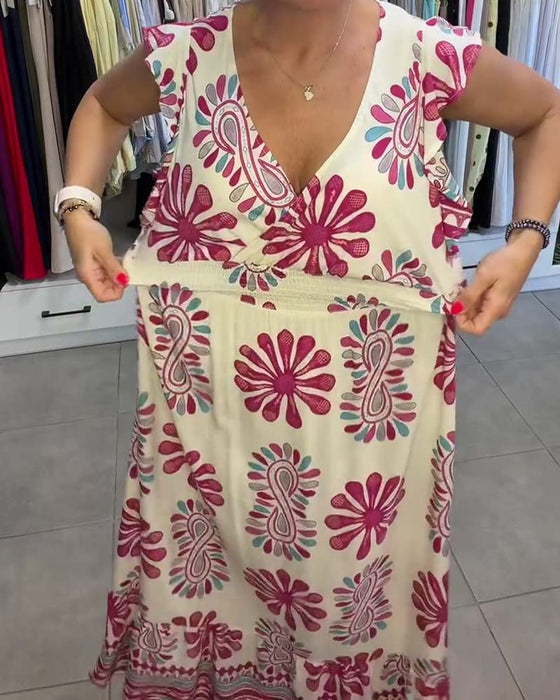 Jurk Bloemen Taille-Riem Fladder-Mouw Vakantie Maxi
