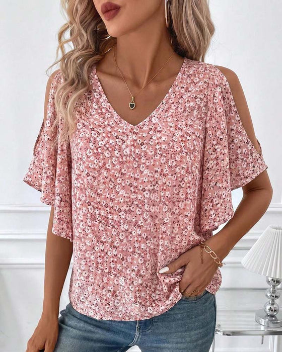 Blouse V-Hals Bloemen Off-Shoulder Flutter Mouw