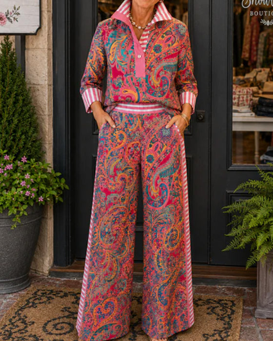Set Knoopsgat Streep Afdruk Shirt + Breed Been Broek