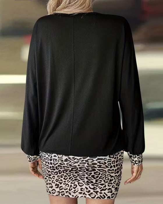 Jurk Rond Luipaard Patchwork Lange Mouw