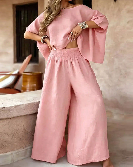 Set Effen Kleur Vleermuismouw Top Wijde Pijp Broek