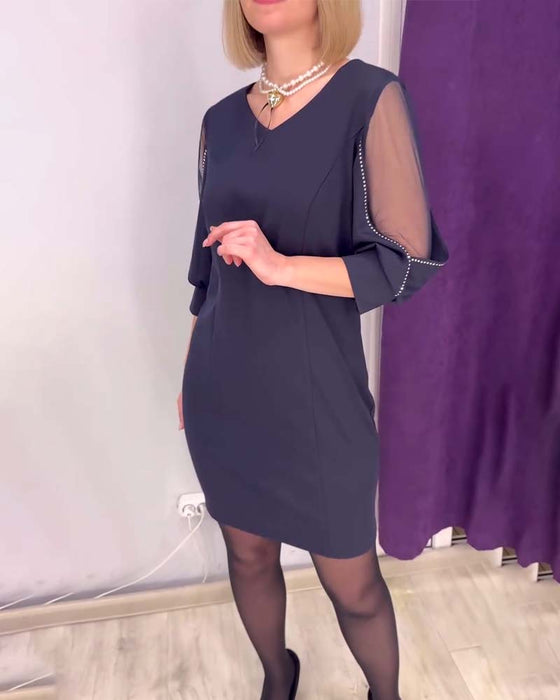 Jurk Halfmouw V-hals Rhinestone Stikken