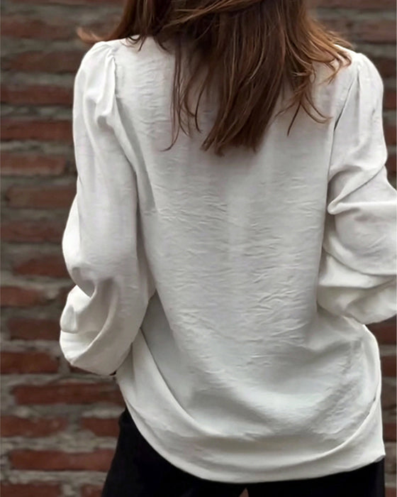 Blouse V-Hals Knoop Voor Ruffle Pofmouw