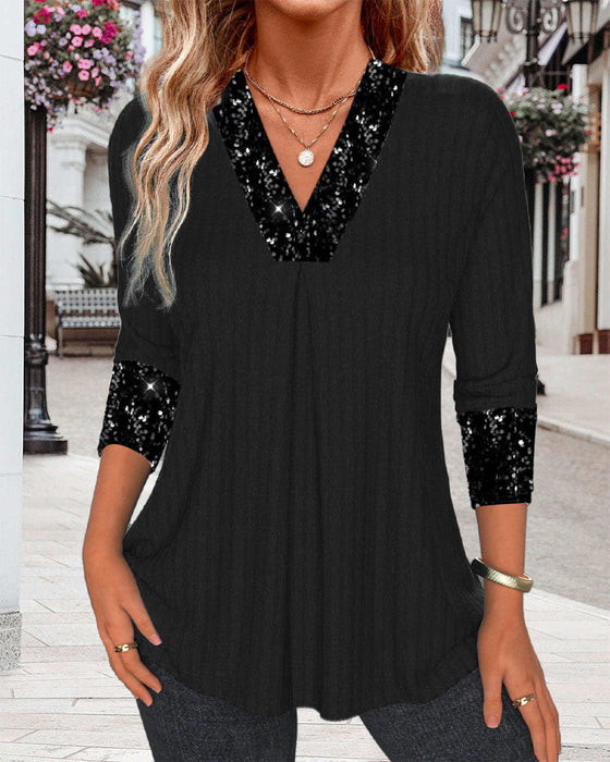 Casual effen top met pailletten patchwork en plooien