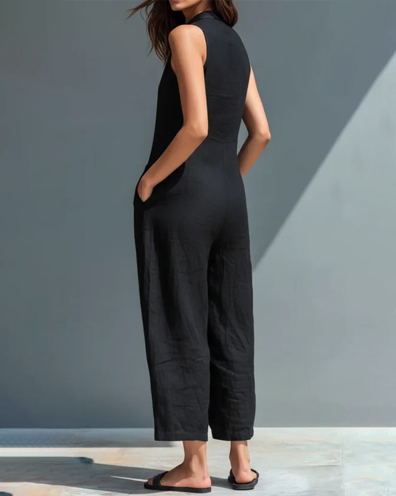 Jumpsuit Mouwloos Opstaande Kraag Zak