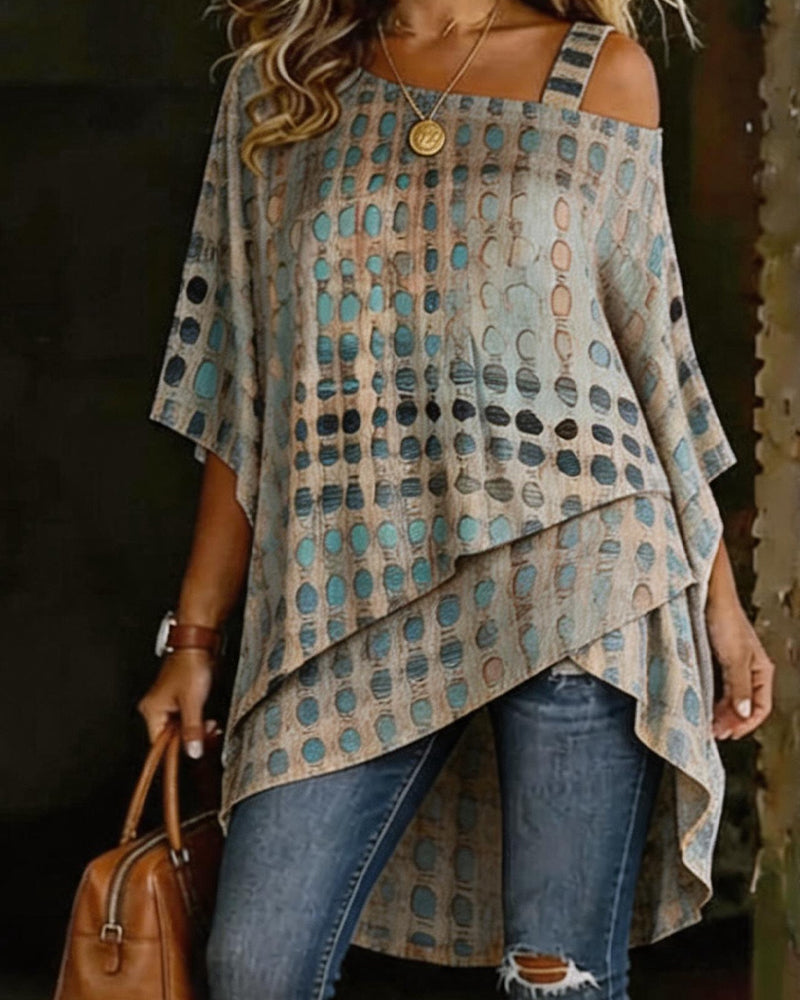 Blouse Stippenprint Een-Schouder Onregelmatig