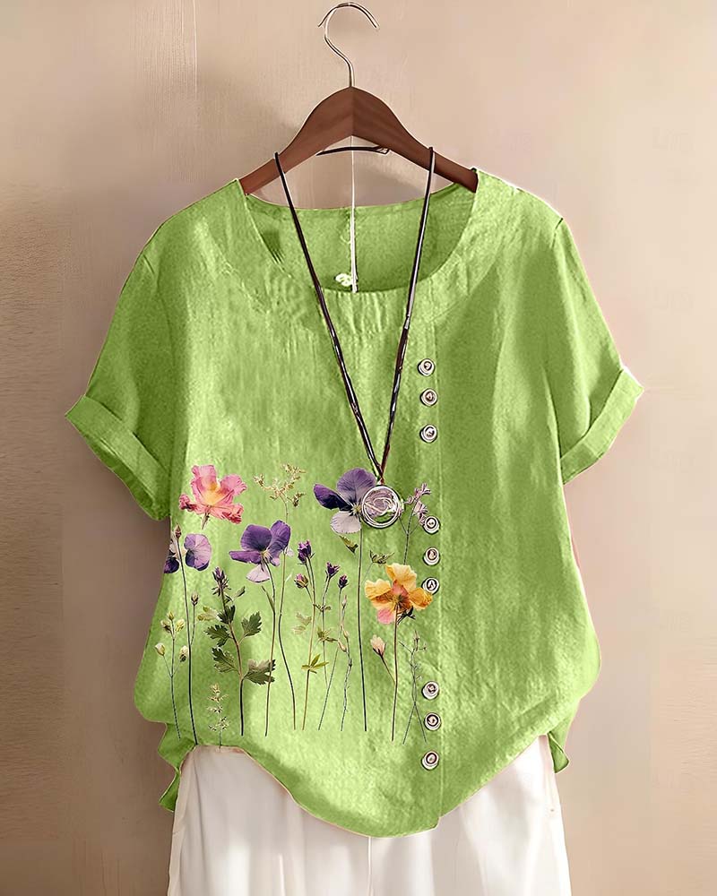 T-Shirt Bloemig Print Ronde Hals Korte Mouw
