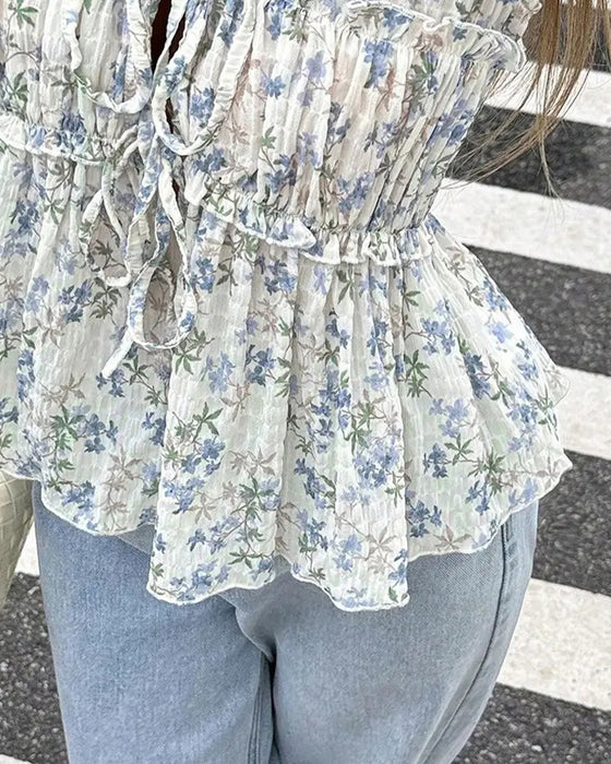 Blouse Bloemen Flutter Mouw V-Hals Strik