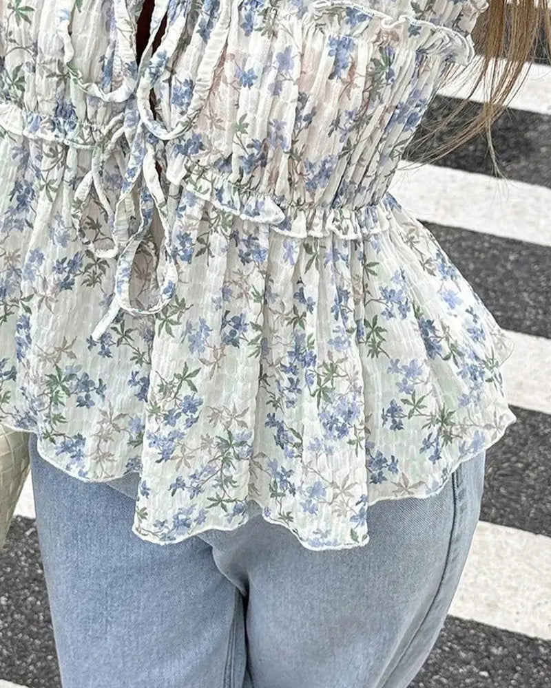 Blouse Bloemen Flutter Mouw V-Hals Strik