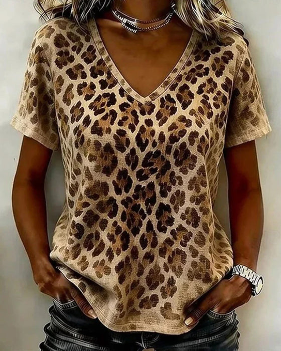 T-Shirt V-Hals Luipaard Print Gradient Korte-Mouw