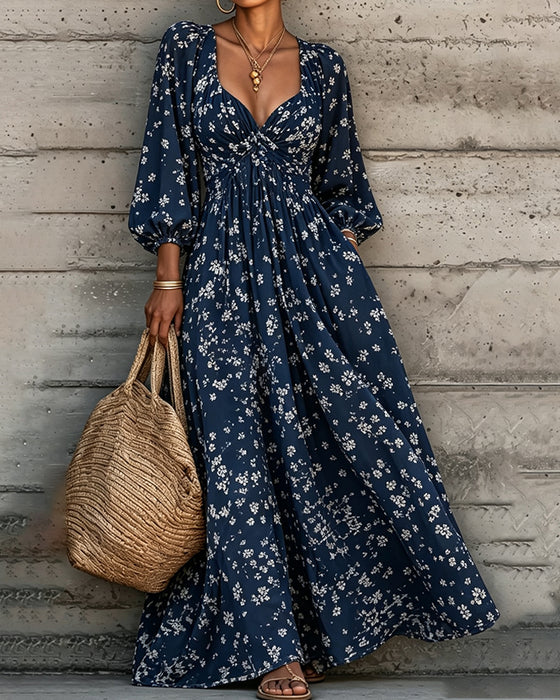 Jurk Gerimpeld Bloemen Poefmouw Volle Rok