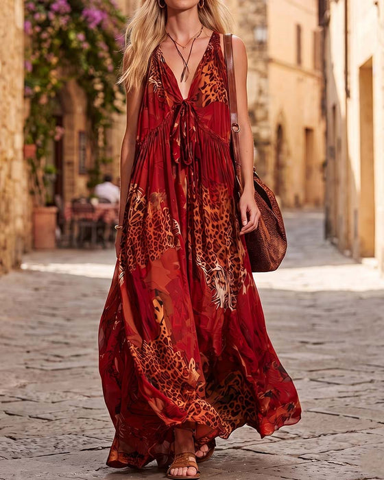 Jurk V-Hals Luipaard Bohemien Spaghettiband Maxi