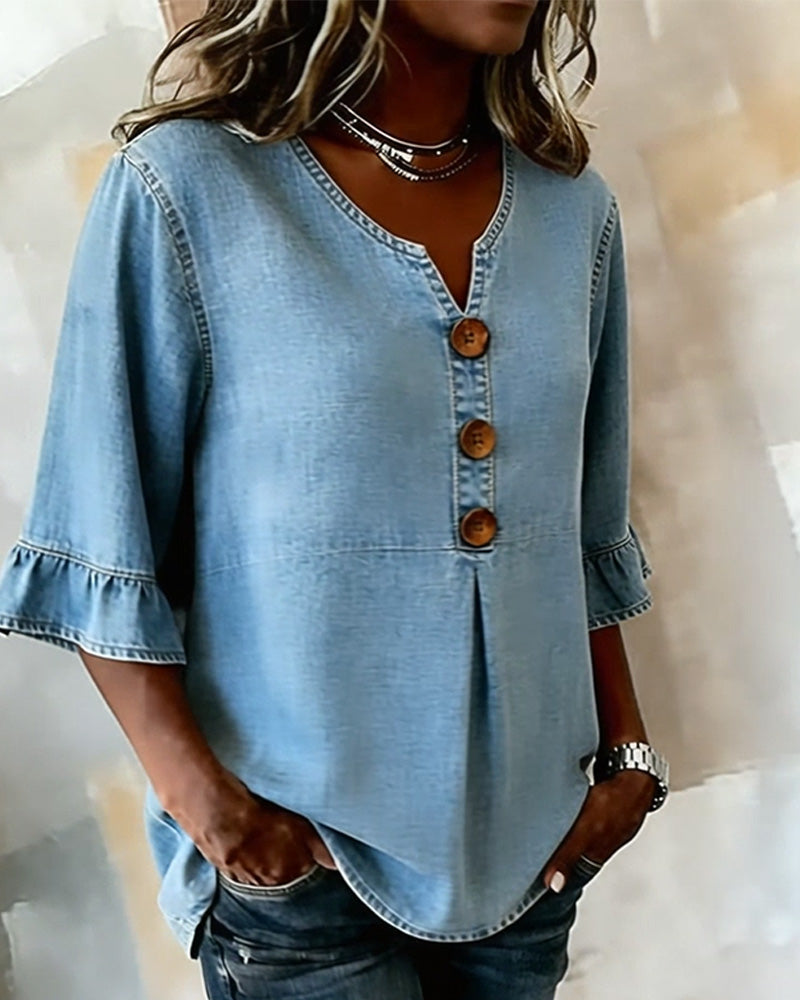 Blouse V-Hals Uitlopende Mouw Denim