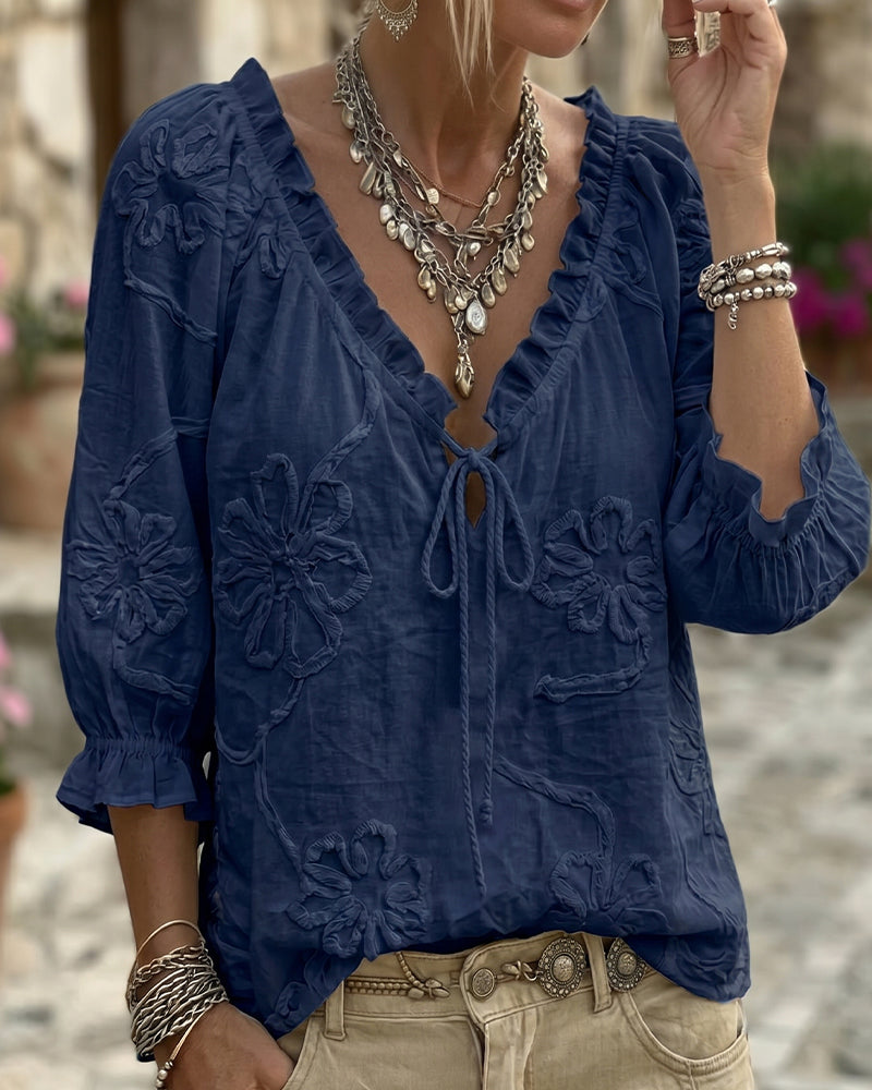 Blouse 100% Katoen V-Hals Wikkel Strik Gerafeld