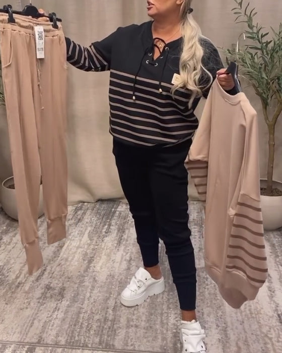 Tweedelig Set Met Casual Gestreepte Sportbroek Tot De Enkel