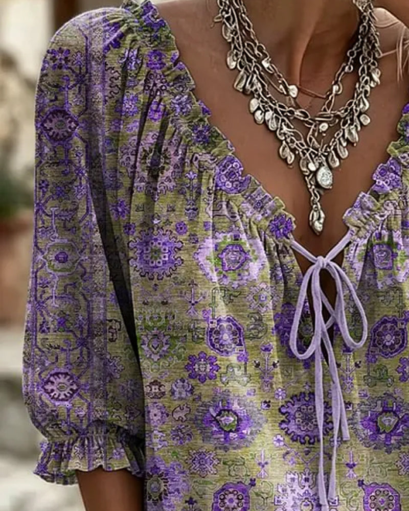Blouse V-Hals Strik Vintage Print