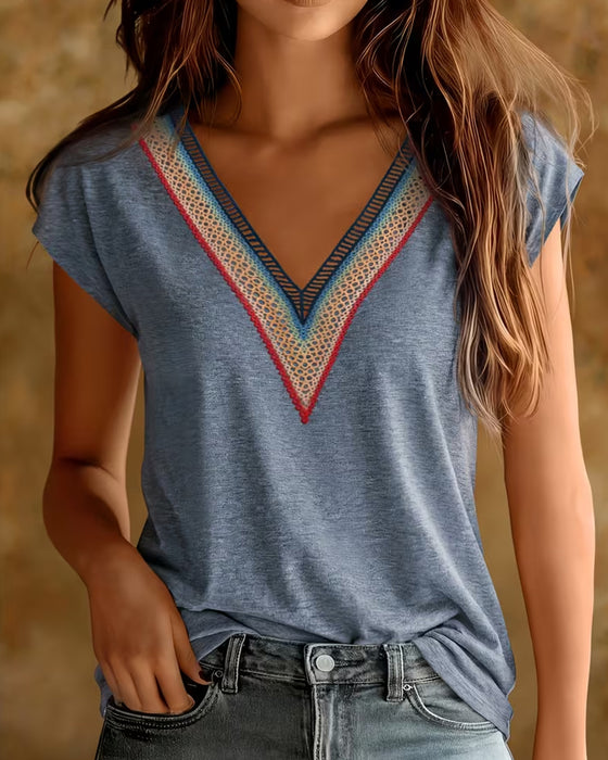 T-Shirt Patchwork V-Hals Kant Contrast