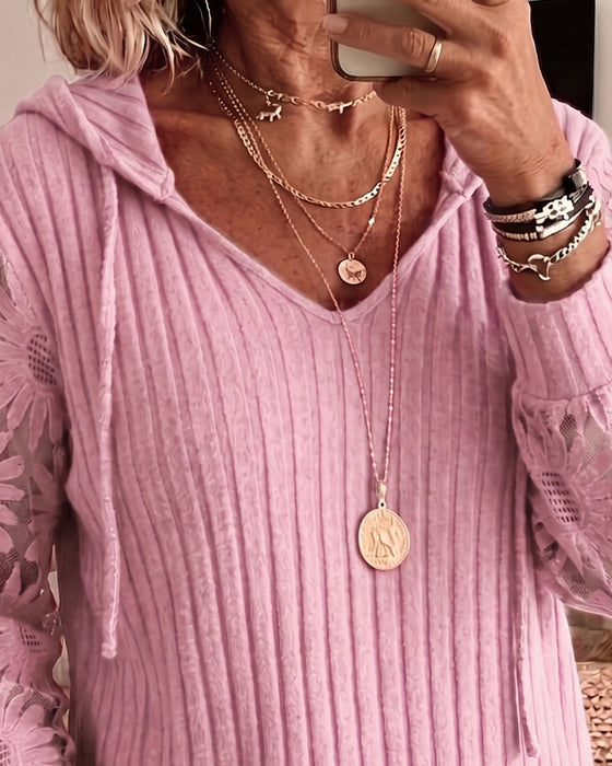 Blouse Capuchon V-Hals Kant Patchwork Geribbeld