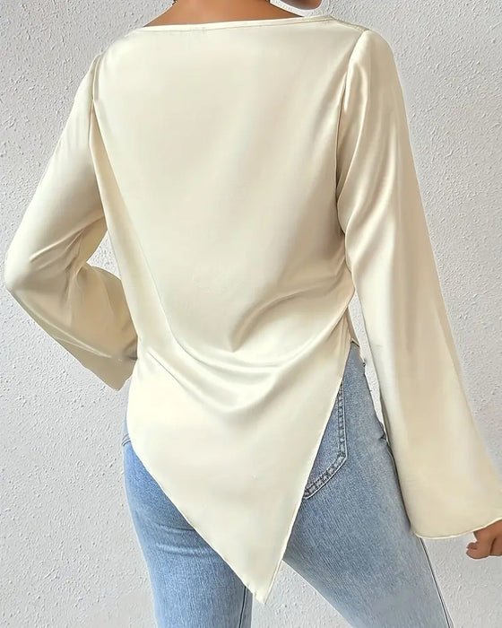 Casual effen kleur geplooide blouse met onregelmatige lange mouwen