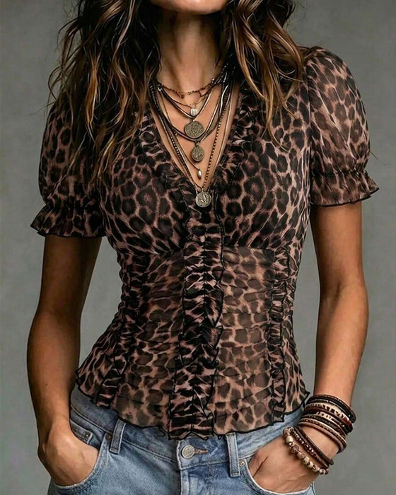 Blouse V-Hals Luipaard Print Ruffle Pofmouw