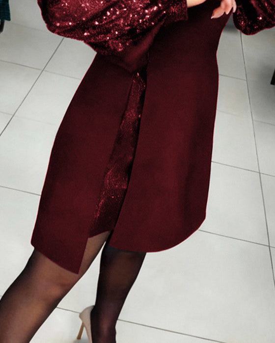 Elegante Jurk Met Pofmouwen En Patchworkdetails