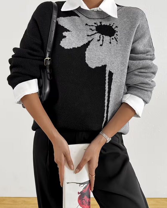 Pullover Kleurblok Groot Bloemen Jacquard Rond Hals