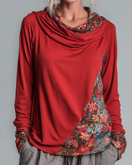 Top Slouchy Drape Hals Patchwork Lange Mouw