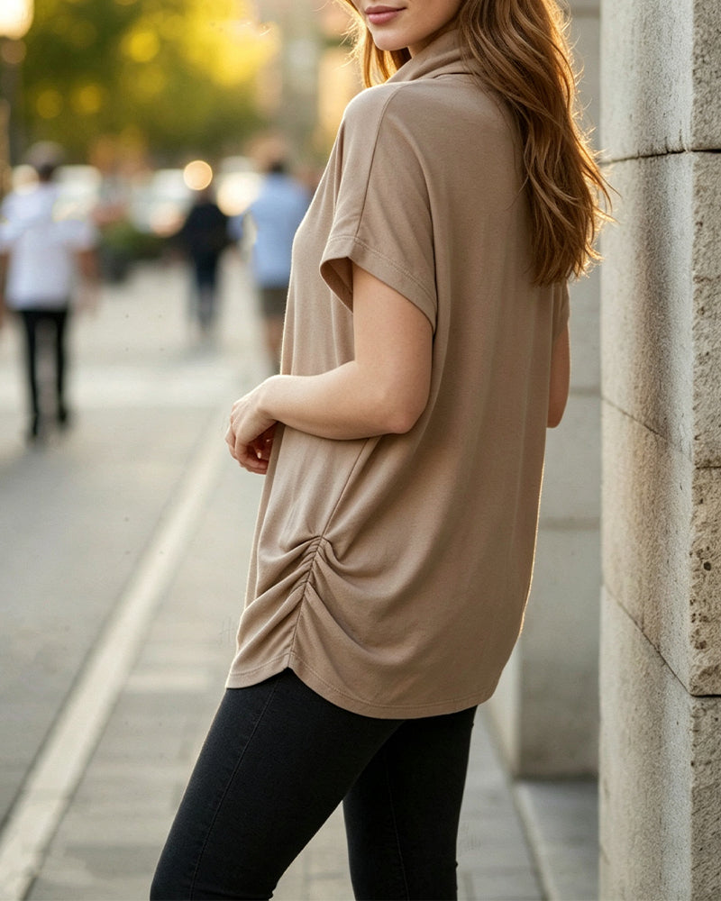 Blouse Mock Hals Korte Mouw Zijde Gerimpeld