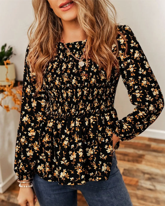 Blouse Bloemen Gerimpeld Lange Mouw