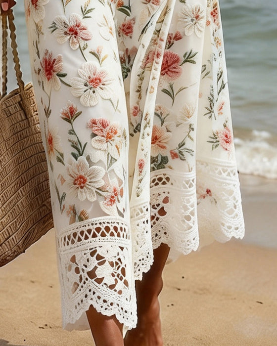 Jurk Hollow Out Patchwork V-Hals Bloemen
