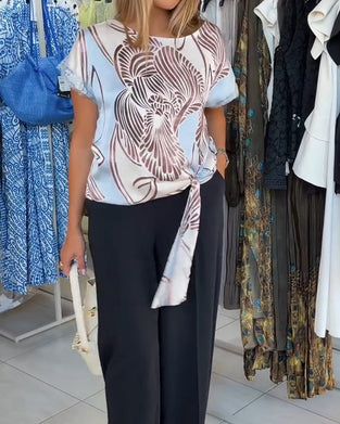 Blouse Met Ronde Hals Vetersluiting Onregelmatig