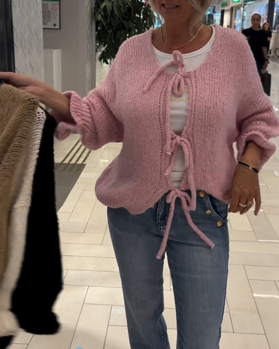 Casual effen cardigan met vetersluiting en lange mouwen