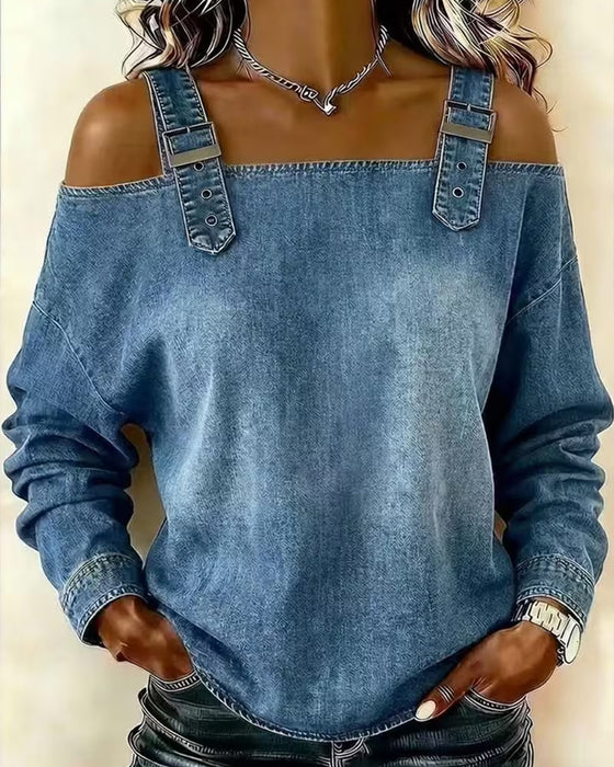Blouse Spaghettiband Off-Shoulder Denim Metalen Knoop
