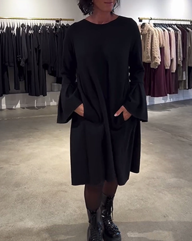 Jurk Effen Wijd Uitlopende Mouw Gerimpeld