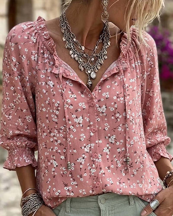 Blouse V-Hals Bloemen Bandjes Ruches Mouw