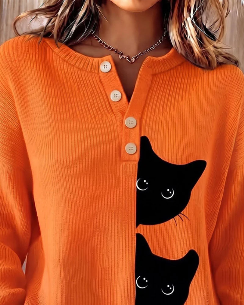Pullover Knoop Voor Streep Kat Contrast Gebreid
